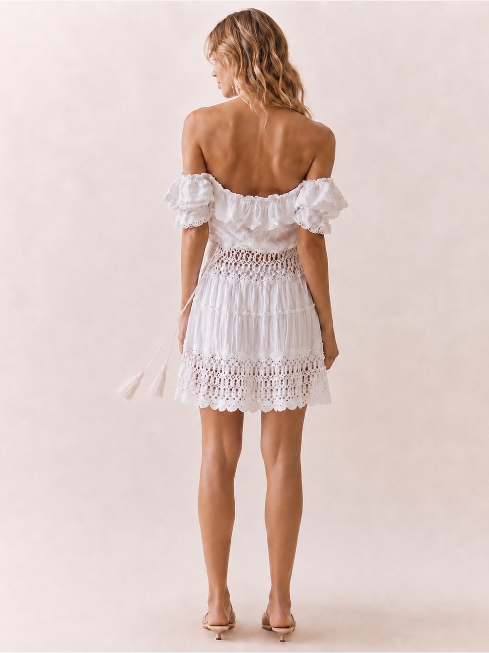 Free People Smocked Crochet Lace Off-Shoulder Dress Cream Coquette Size 6